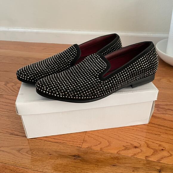 Steve Madden Rhinestone Loafers Mens 13 Black Leather Silver Bead Formal Shoes - Picture 1 of 8
